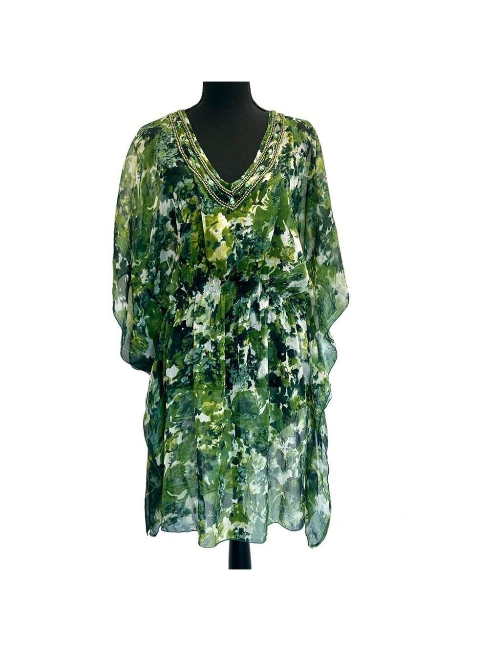 Nisha Creations Green yellow semi sheer chiffon beaded beach cover up blouse